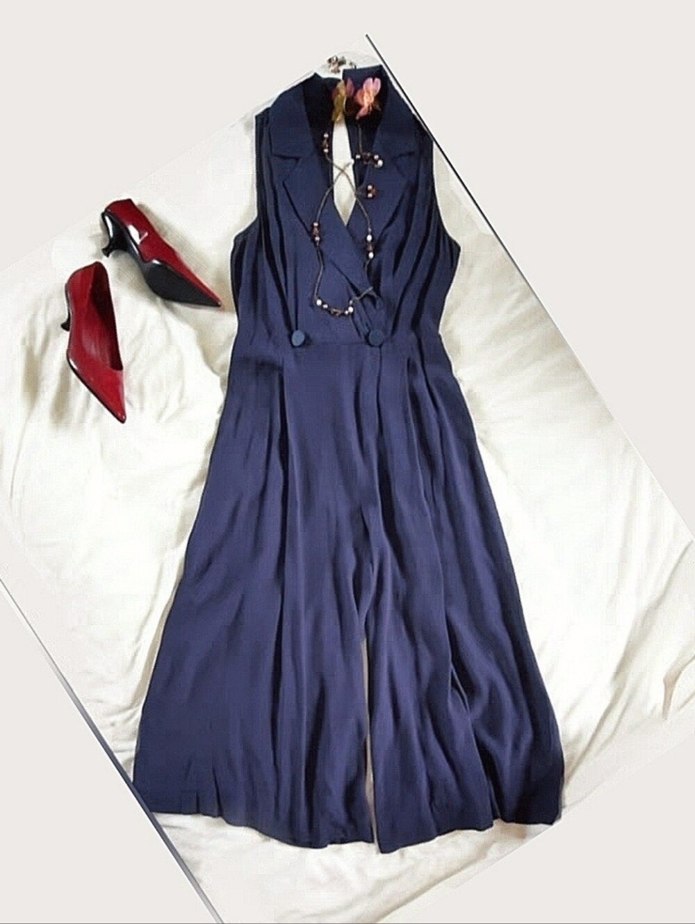 ENTRY Navy Romper, Sleeveless, Lapel Collar V-Neck, Middle Back Slit, Wide Leg
